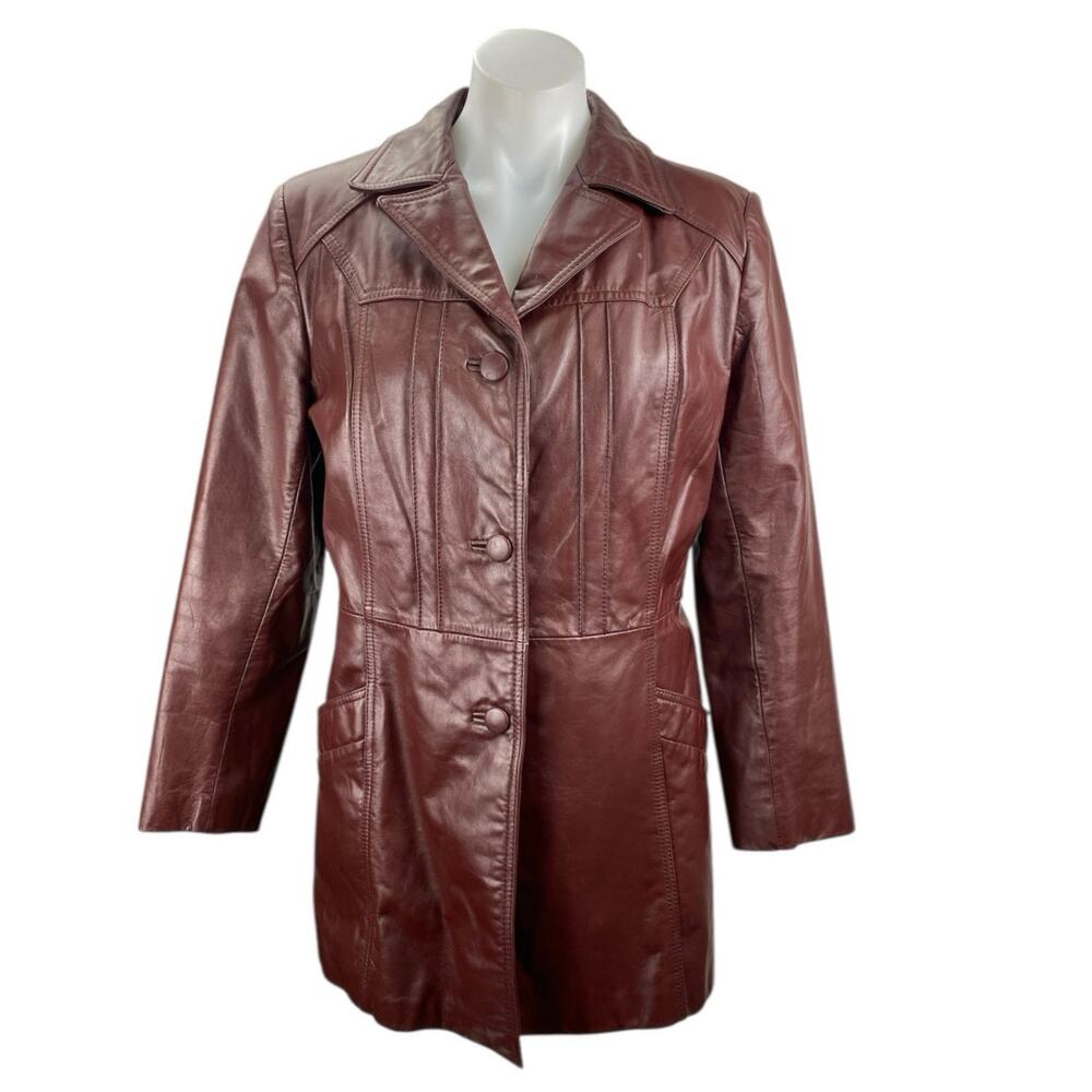 Classic Directions Red Leather Notched Collar Long Sleeve Blazer Coat Jacket 12